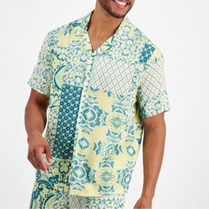 Native Youth Tile Print Short Sleeve Button-Up Shirt Green Tile Print Sz XL *F